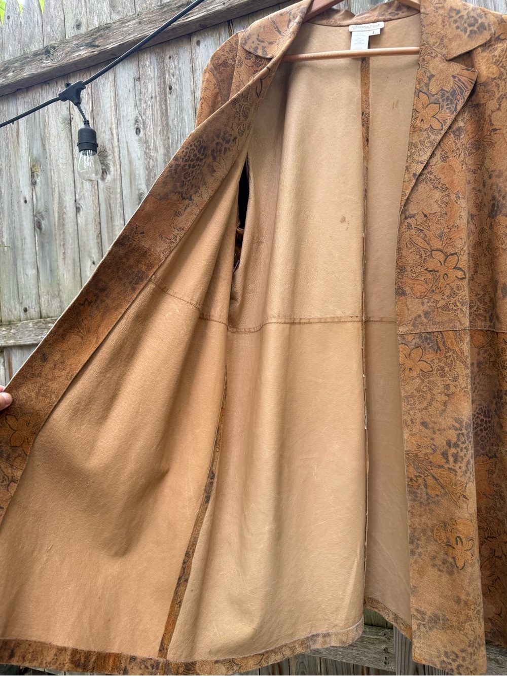 Coldwater Creek Floral Printed Tan Suede Duster Coat Leopard Bohemian Jacket - Picture 11 of 14